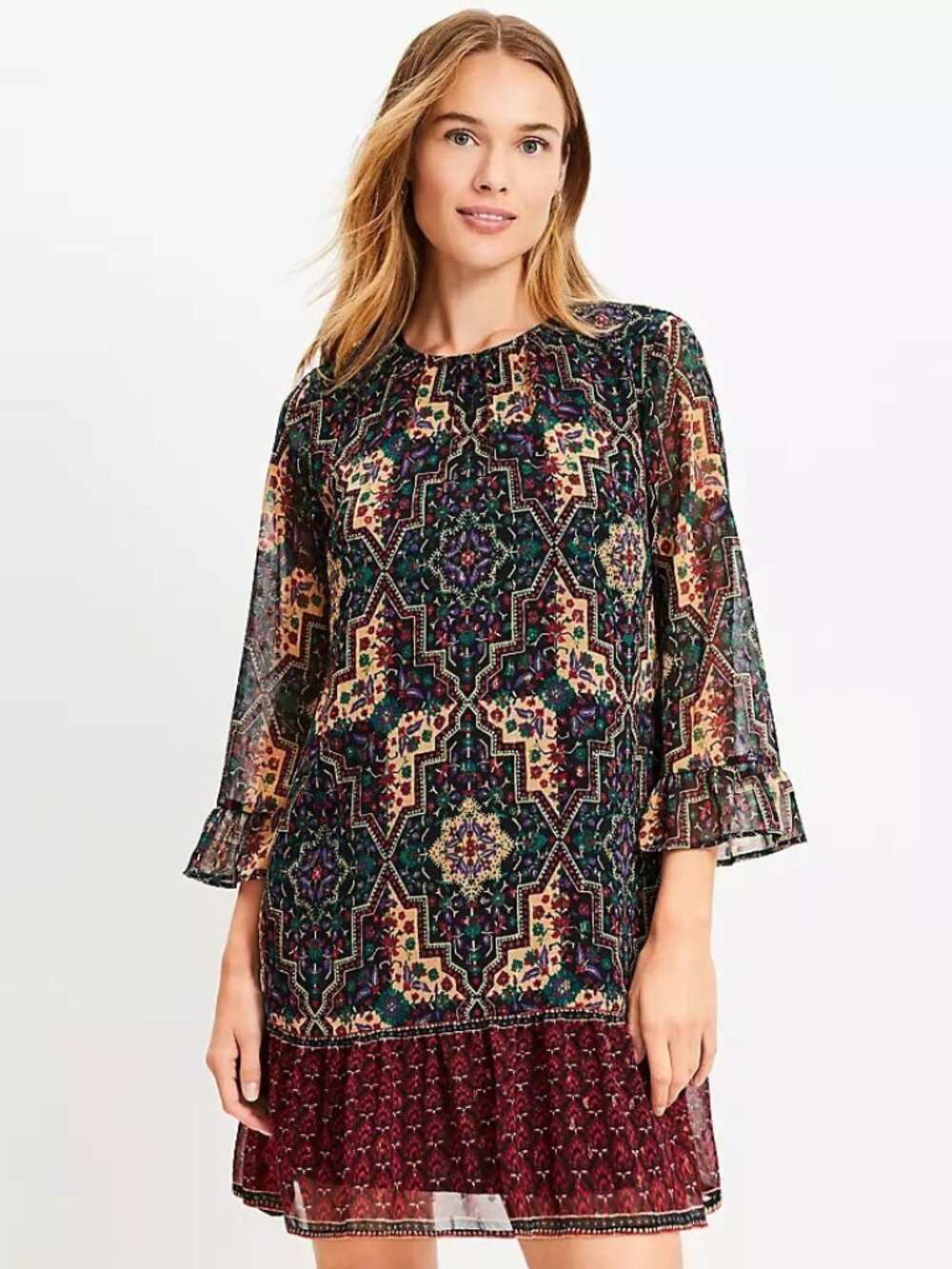 LOFT Metallic Clip Geo Flounce Mini Dress (XS)